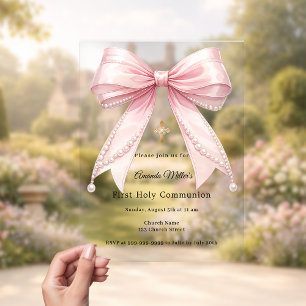 Invitations En Acrylique Perles de ruban rose élégant luxe Première Communi