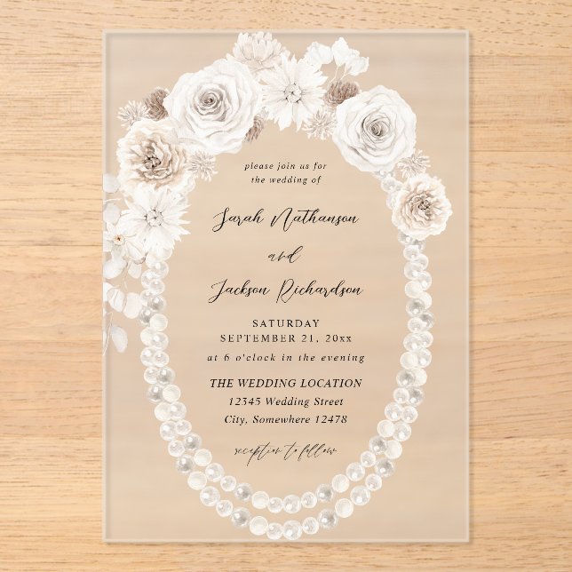 Invitations En Acrylique Perles et Mariage floral blanc V2 (Recto)
