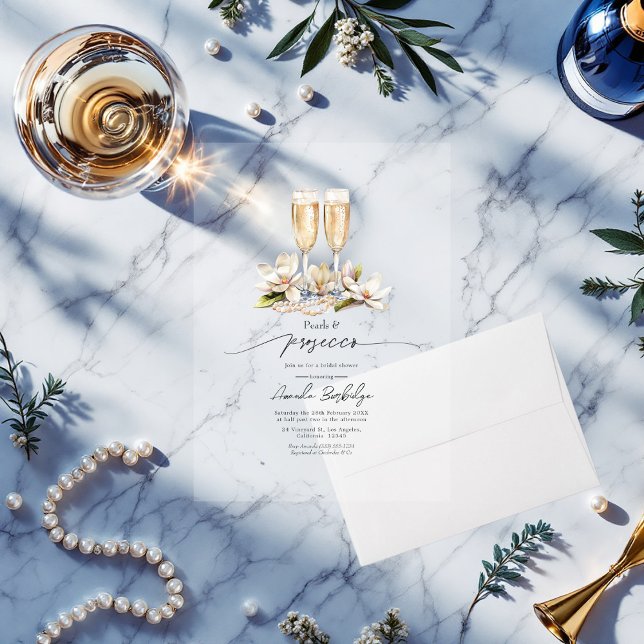 Invitations En Acrylique Perles transparentes et Fête des mariées de poursu (Transparent Pearls and Prosecco Bridal Shower Acrylic Invitation)