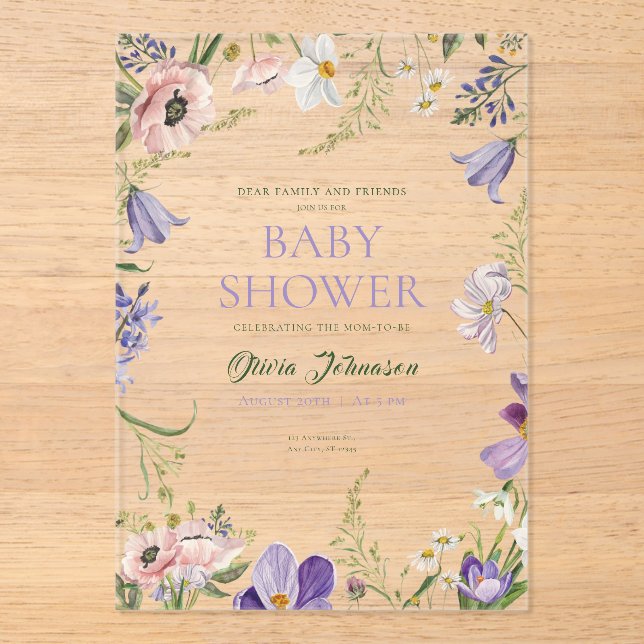 Invitations En Acrylique Petit Baby shower Fleur sauvage (Recto)