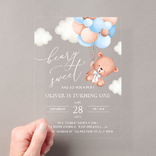 Invitations En Acrylique Petit Ours, Ballons Bleus, Premier Anniversaire