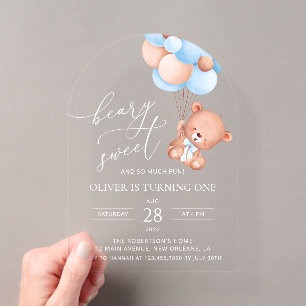 Invitations En Acrylique Petit Ours, Ballons Bleus, Premier Anniversaire