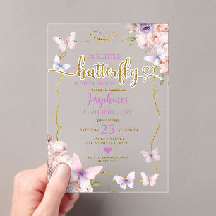 Invitations En Acrylique Petit Papillon rose pourpre 1er anniversaire