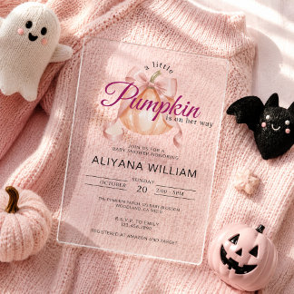 Invitations En Acrylique Petite Citrouille en Route Ruban Rose Baby Shower