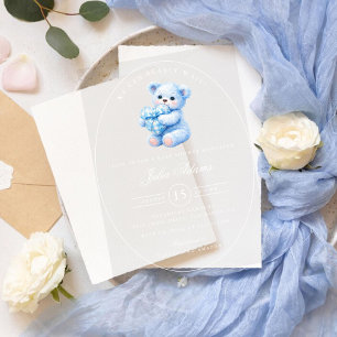 Invitations En Acrylique Petite Fête de Naissance Ourson en Vichy Bleu
