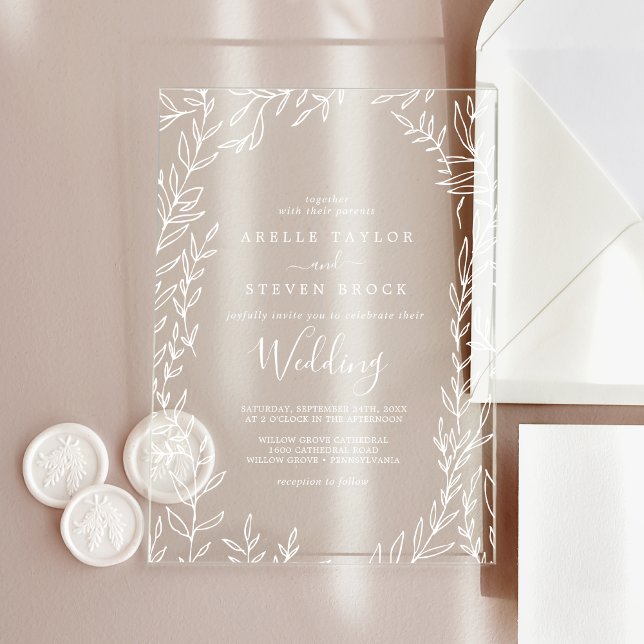 Invitations En Acrylique Petite feuille de vert blanc Élégant Mariage Boho (Minimal Leaf White Greenery Elegant Boho Wedding Acrylic Invitations)