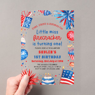 Invitations En Acrylique Petite Miss Firecracker 4 juillet 1er Anniversaire