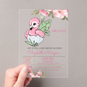 Invitations En Acrylique Petite Princesse, Baby Shower Floral Flamant Rose 