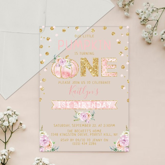 Invitations En Acrylique Petites filles Citrouilles 1er anniversaire (Créateur téléchargé)