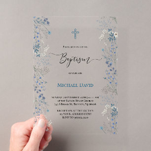 Invitations En Acrylique petites fleurs aquarelles bleues Baptême