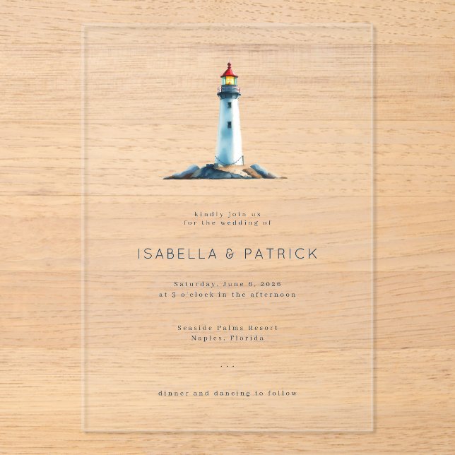 Invitations En Acrylique Phare à l'aquarelle paisible et atténuée (Recto)