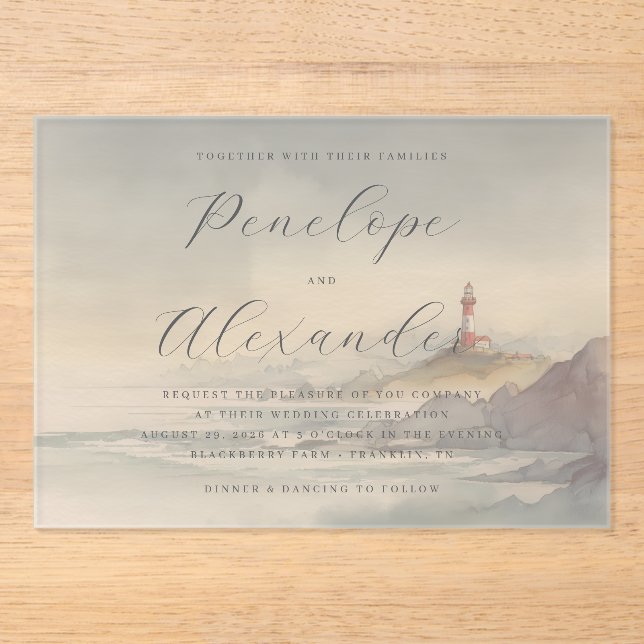 Invitations En Acrylique Phare à l'aquarelle pastel tranquille (Recto)