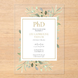 Invitations En Acrylique Phd Degree Aquarelle Vert Floral Graduation