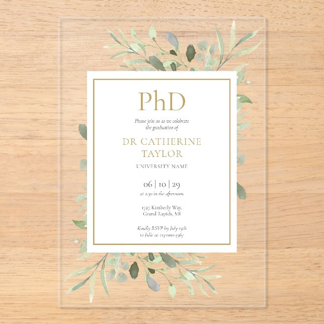 Invitations En Acrylique Phd Degree Aquarelle Vert Floral Graduation (Recto)
