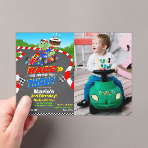 Invitations En Acrylique Photo 3e anniversaire Course de voiture de dinosau