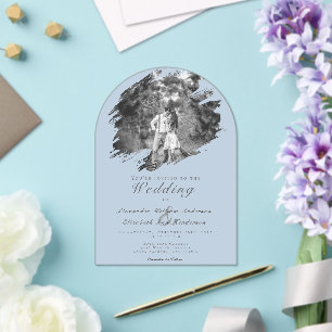 Invitations En Acrylique Photo à trait de pinceau moderne Mariage bleu