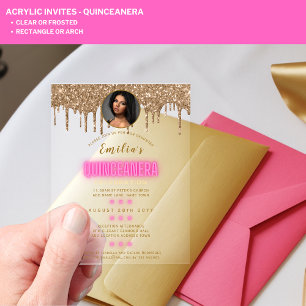 Invitations En Acrylique PHOTO ACRYLIQUE Quinceanera Hot Pink Gold Quince