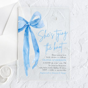 Invitations En Acrylique Photo Blue Bow She's Tying the Knot Fête des marié