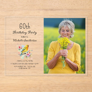 Invitations En Acrylique Photo d'anniversaire 60 ans Vintage Birds Canaries