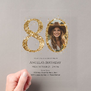 Invitations En Acrylique Photo d'anniversaire 80 ans pailleté or
