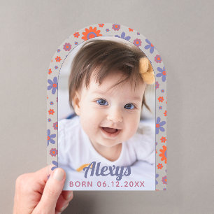 Invitations En Acrylique Photo d'annonce de naissance rétro Fleur Power