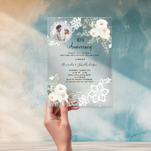 Invitations En Acrylique Photo de fleurs blanches pour 10 ans de mariage