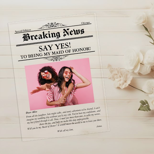 Invitations En Acrylique Photo de journal Maid of Honor ou Bridesmaid (Newspaper Photo Maid of Honor or Bridesmaid Acrylic Invitations)