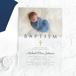 Invitations En Acrylique Photo de la marine Blue Religion Cross Boy Baptism