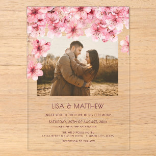 Invitations En Acrylique Photo de mariage de fleurs de cerisier transparent
