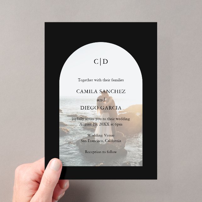 Invitations En Acrylique Photo de mariage moderne avec arche noire élégante (In situ (ordinateur de poche))