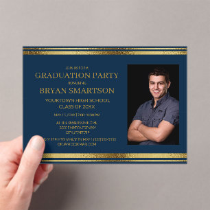 Invitations En Acrylique Photo de remise de diplôme moderne bleu marine or