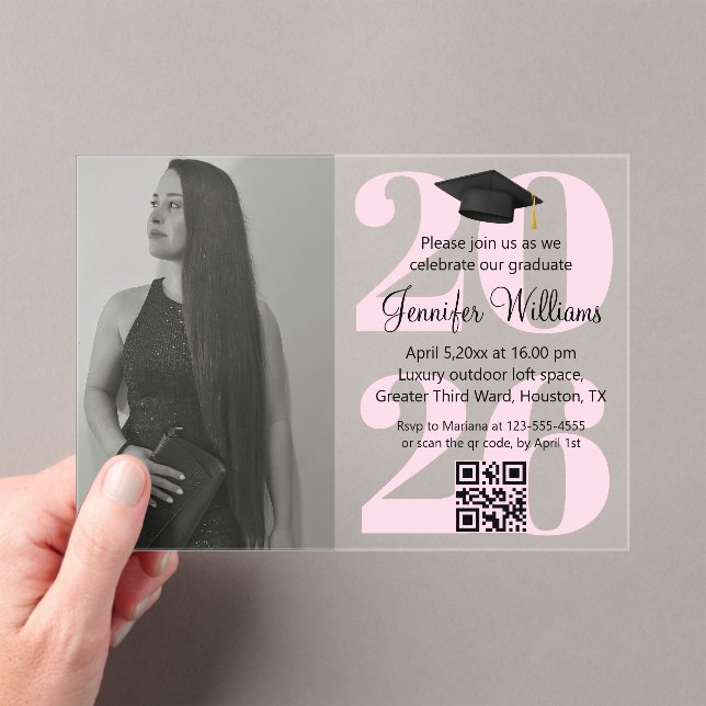 Invitations En Acrylique photo diplôme 2026 fête qr code rose écriture (In situ (ordinateur de poche))