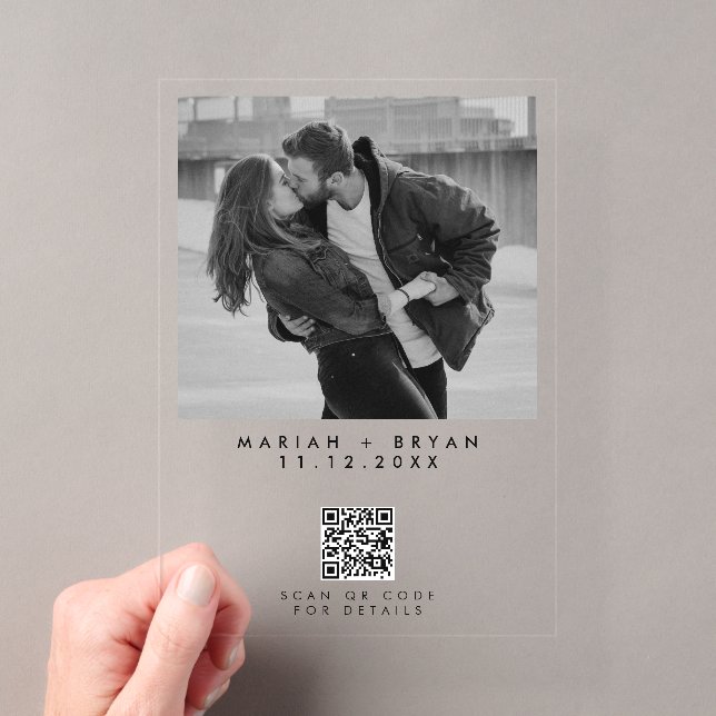 Invitations En Acrylique Photo en noir et blanc avec QR Code Mariage Modern (In situ (ordinateur de poche))