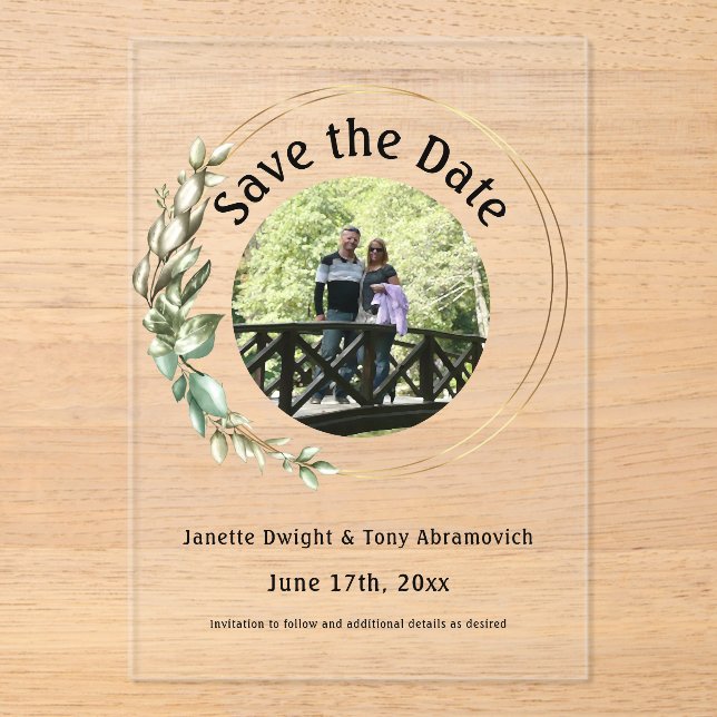 Invitations En Acrylique Photo feuilles verts Sauvez la date (Recto)