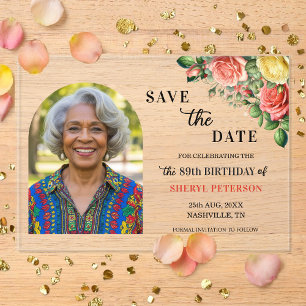 Invitations En Acrylique Photo Floral Élégant 89e Anniversaire Enregistrez