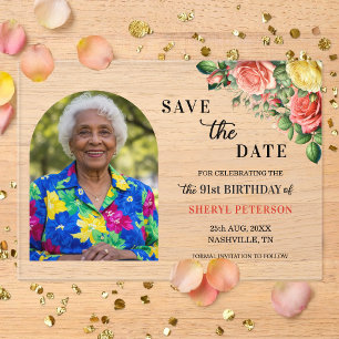 Invitations En Acrylique Photo floral élégant 91e anniversaire Save the Dat