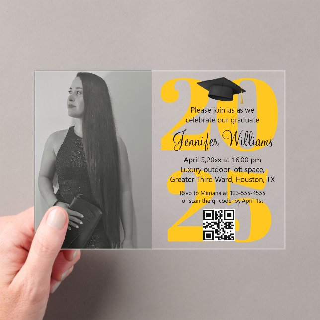 Invitations En Acrylique photo graduation 2025 parti qr code orange jaune (In situ (ordinateur de poche))