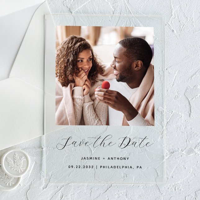 Invitations En Acrylique Photo minime Noir Script Mariage Enregistrer la da (Créateur téléchargé)