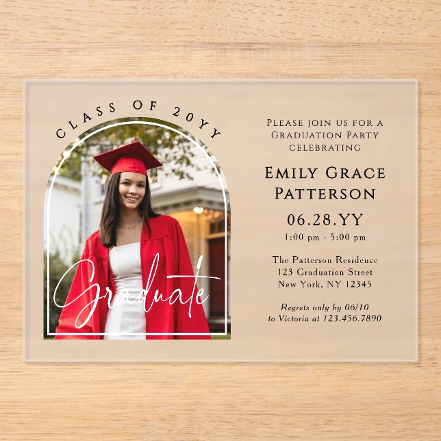 Invitations En Acrylique Photo Modern Arch Graduate Script Graduate Party (Recto)