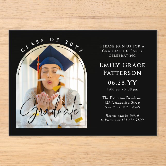 Invitations En Acrylique Photo Modern Arch Graduate Script Graduate Party (Recto)