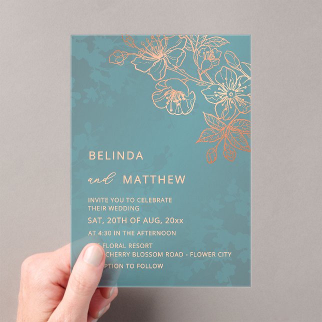 Invitations En Acrylique Photo Rose Gold Teal  Transparent Wedding (In situ (ordinateur de poche))