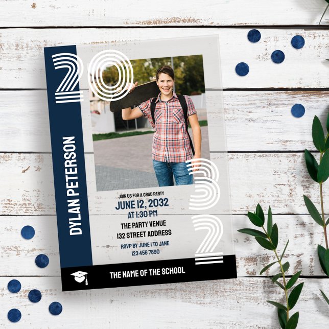 Invitations En Acrylique Photos de la Marine Black Multiline Font (Créateur téléchargé)