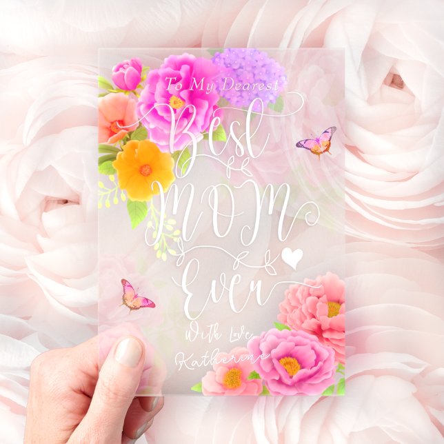 Invitations En Acrylique Pies romantiques Jardin Fête des Mères (Elegant Romantic Peonies Floral Flourishing Words " Best Mom Ever" Acrylic Card.)