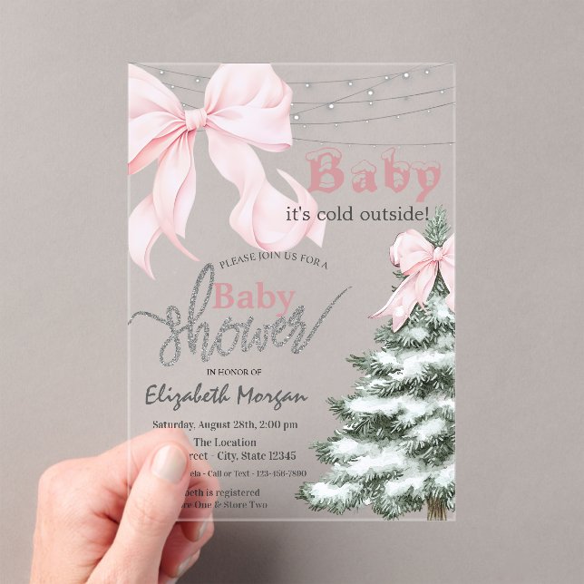 Invitations En Acrylique  Pine Tree Pink Bow Snowflakes Baby Shower (In situ (ordinateur de poche))