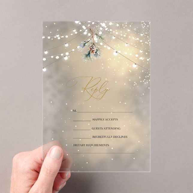 Invitations En Acrylique Pinecone String Lights Winter Wedding RSVP   (In situ (ordinateur de poche))
