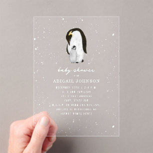 Invitations En Acrylique Pingouin Mama & Baby shower Hiver Neige Neutre