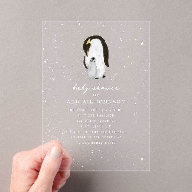 Invitations En Acrylique Pingouin Mama & Baby shower Hiver Neige Neutre (In situ (ordinateur de poche))