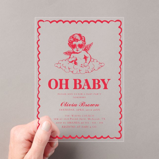 Invitations En Acrylique Pink and Red Retro Cherub Baby Shower (In situ (ordinateur de poche))