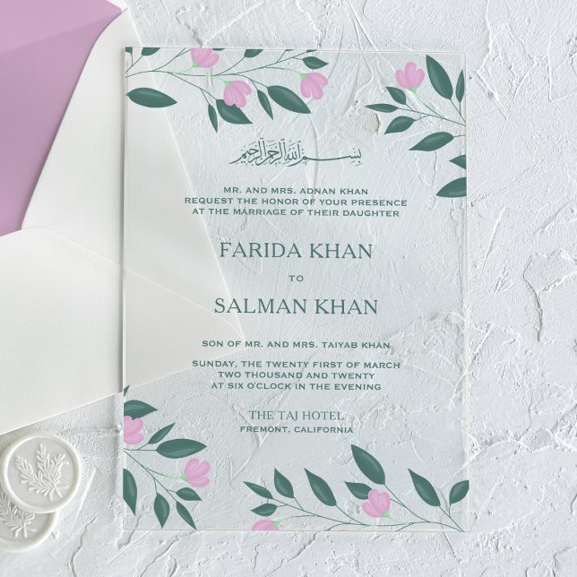 Invitations En Acrylique Pink and Teal Green Branch Islamic Muslim Wedding (Créateur téléchargé)