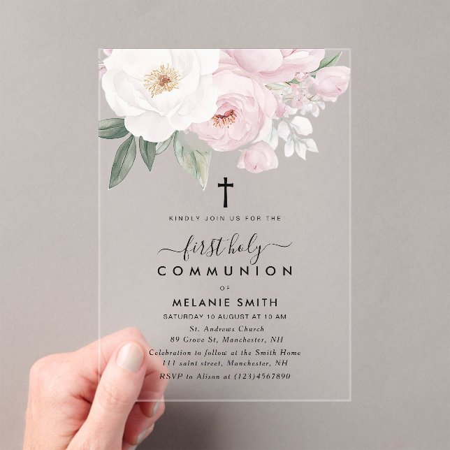 Invitations En Acrylique Pink and white flowers first holy communion (In situ (ordinateur de poche))